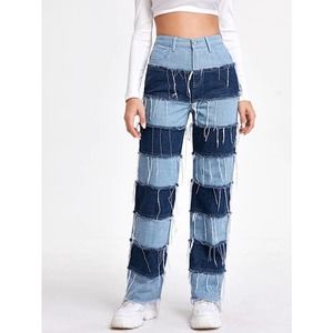 SHEIN Two Tone Fringe Raw Hem Straight Leg Jeans Size L